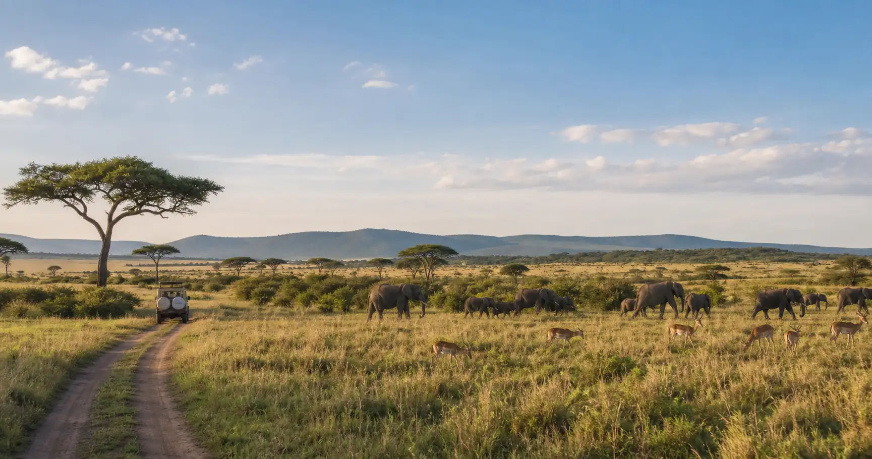 Open Kenya savannah landscape stretching to the horizon at golden hour.